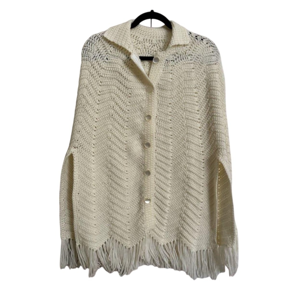 Vintage Cream Crochet Fringe Poncho Boho Cape Handmade Knit Shawl - One‎ Size